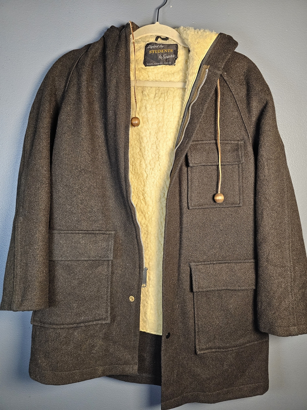 Sears Vintage Kids Dark Brown Pea Coat with Cream Sherpa Liningsz 16